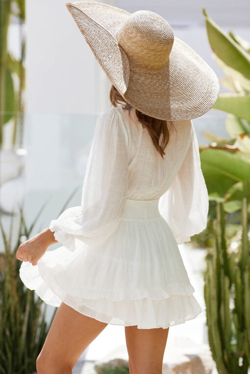 Womens Sexy Deep V Neck Swing Dress Lantern Sleeve Knotted Ruffle Tiered Mini Dress - Image 2