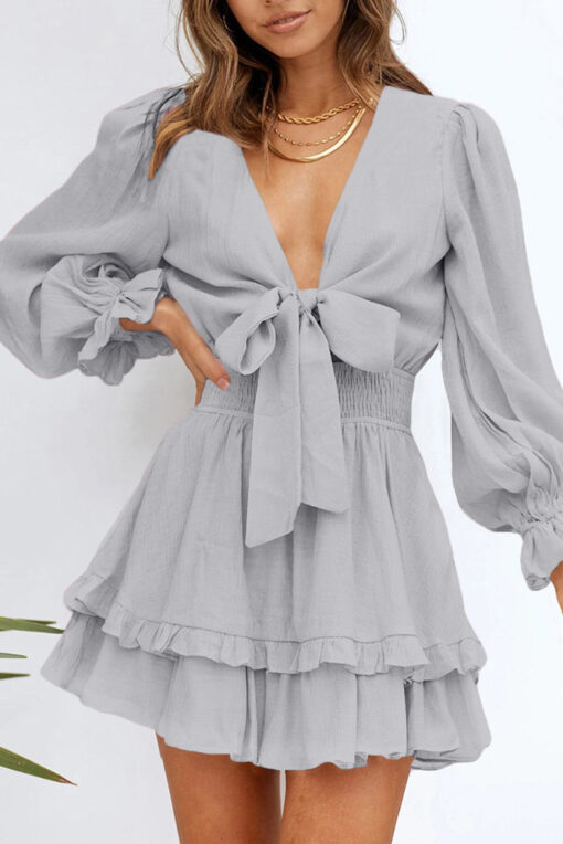 Womens Sexy Deep V Neck Swing Dress Lantern Sleeve Knotted Ruffle Tiered Mini Dress - Image 3
